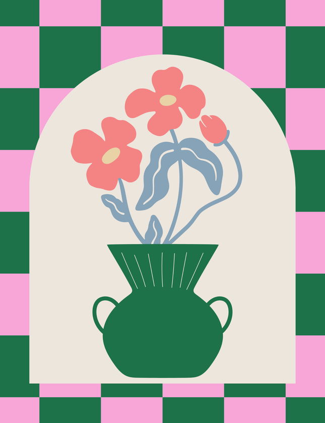 Checkered Vase with Flowers Retro Poster