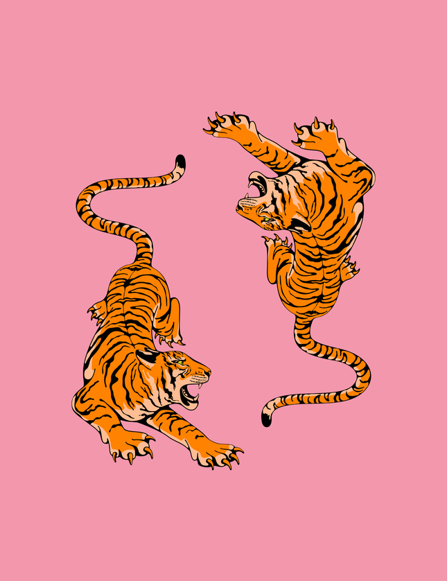 Two Tigers Pink Poster - Japanese Art Print