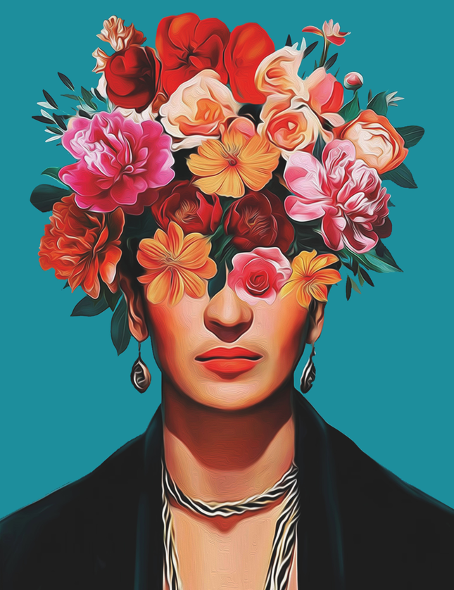 Floral Portrait Art Print with Vibrant Blooms on Teal