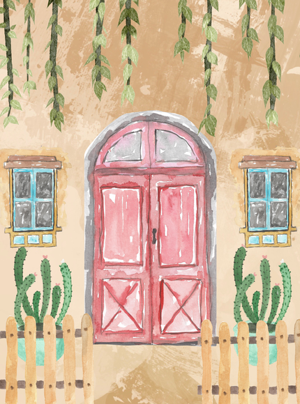 Watercolor Mediterranean Door Poster with Cacti and Vines