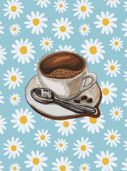 Coffee Cup with Daisies Poster - Blue Floral Kitchen Art - Framzio
