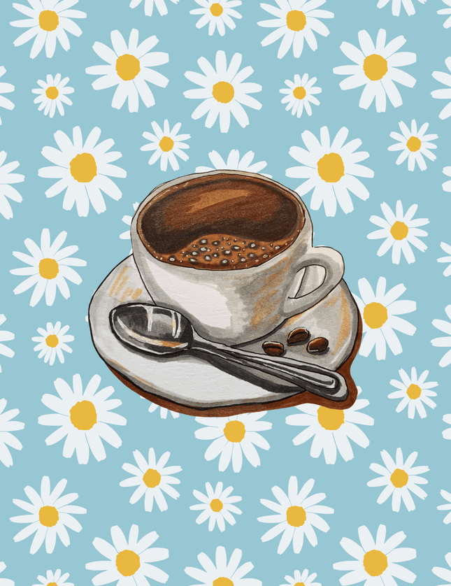 Coffee Cup with Daisies Poster - Blue Floral Kitchen Art - Framzio
