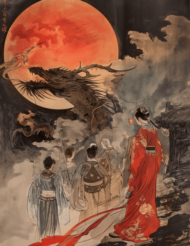 Dragons and Red Moon Japanese Art Print - Framzio