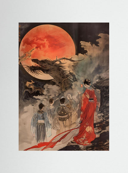 Dragons and Red Moon Japanese Art Print - Framzio