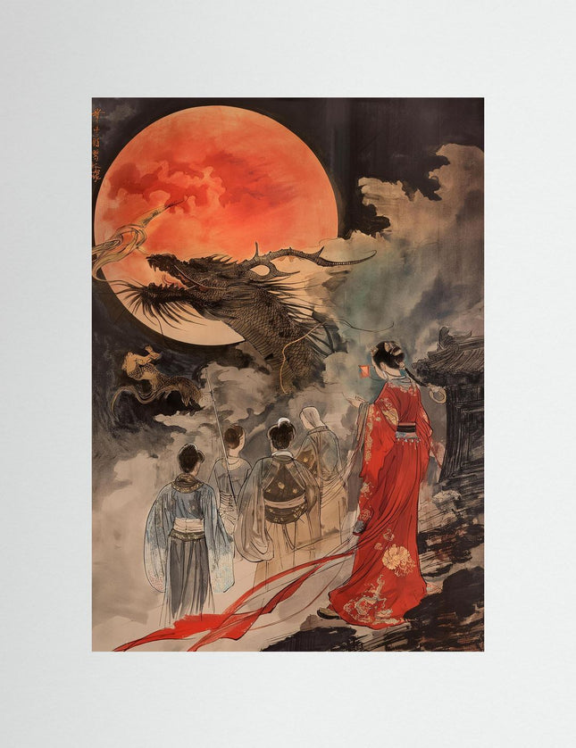 Dragons and Red Moon Japanese Art Print - Framzio