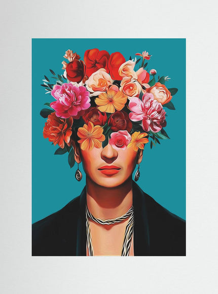 Floral Portrait Art Print with Vibrant Blooms on Teal - Framzio