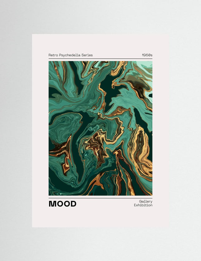Retro Psychedelia Poster Green Gold Marbled Abstract Art - Framzio