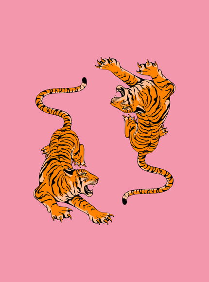 Two Tigers Pink Poster - Japanese Art Print - Framzio