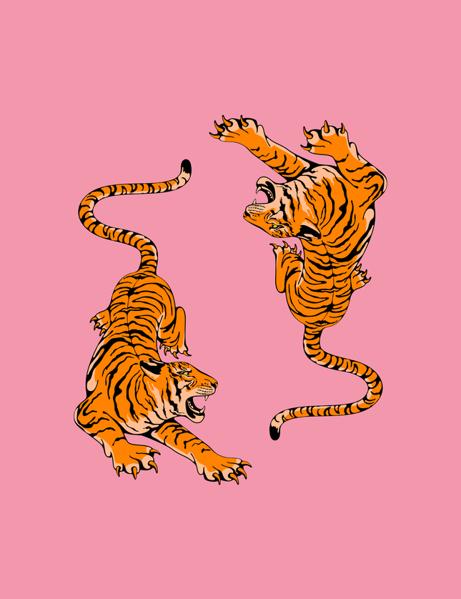 Two Tigers Pink Poster - Japanese Art Print - Framzio