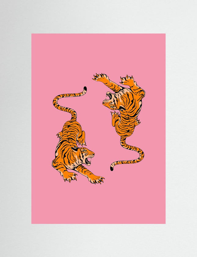 Two Tigers Pink Poster - Japanese Art Print - Framzio
